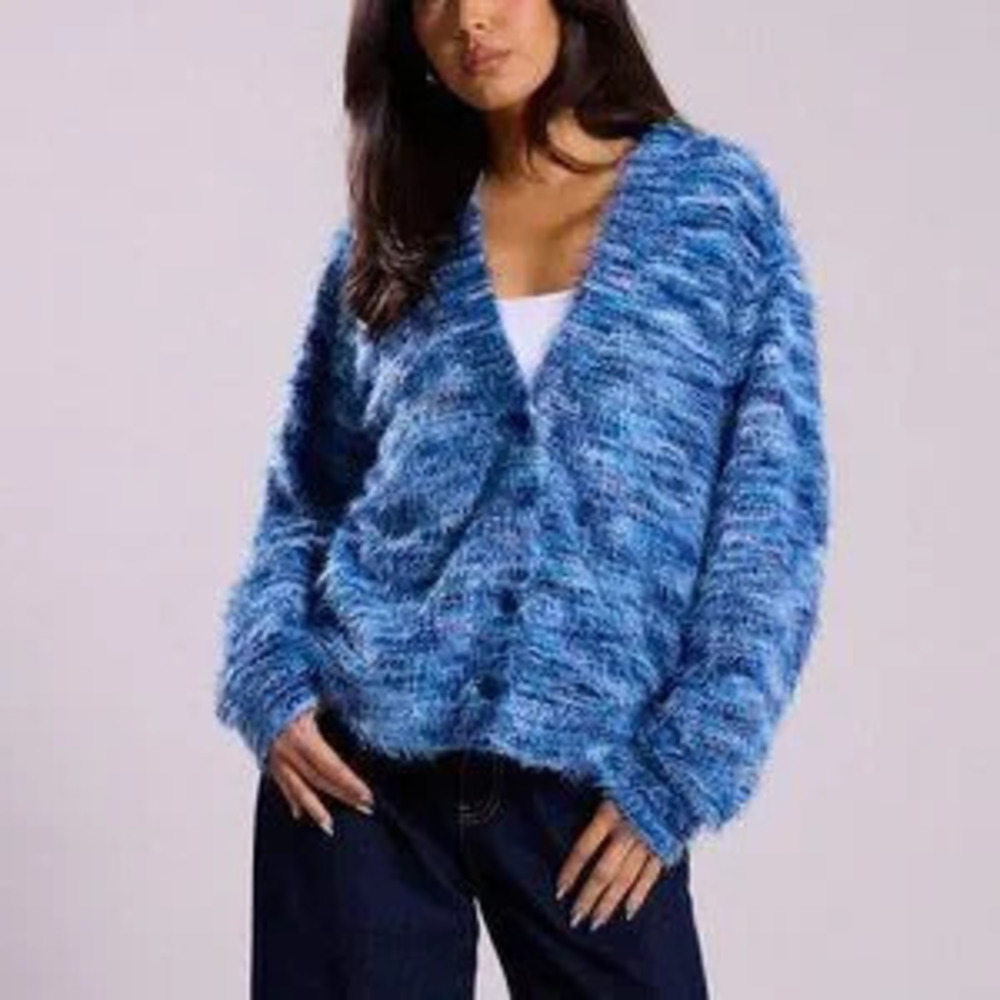 Blue Casual Women's Oversized Textured sweater cardigan